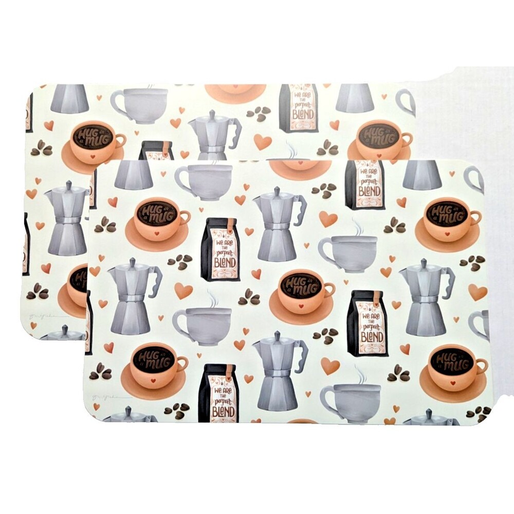 Perfect Blend Coffee Placemats 2-pc Kitchen Cups Saucers Beans Hearts Plastic
